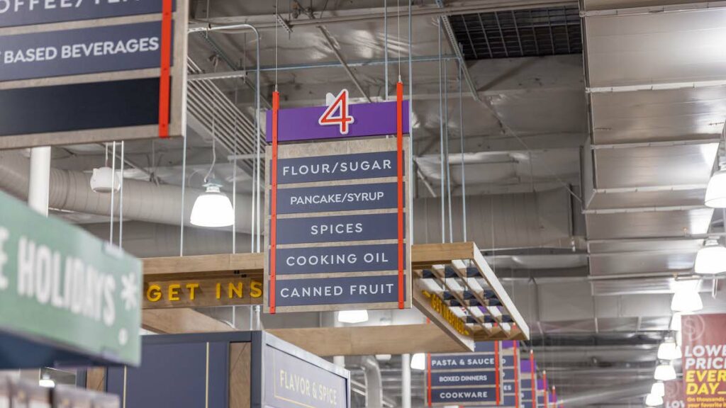 A hanging aisle-market in a supermarket designed by King Retail Solutions