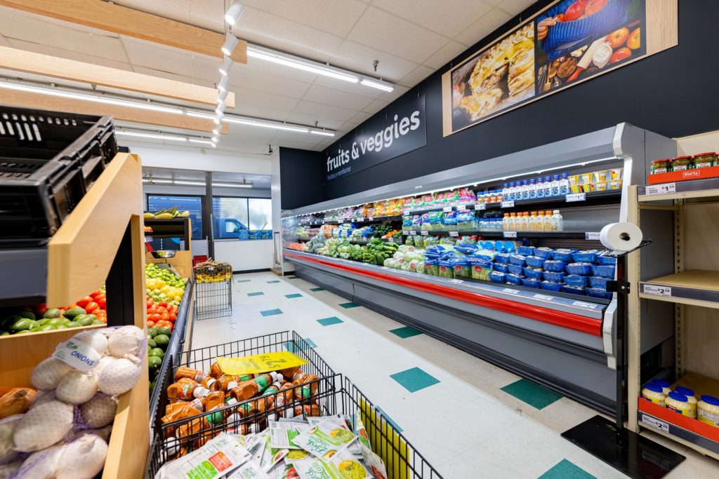 The result of the KRS grocery store renovation for a Save A Lot franchisee, these streamlined, updated interiors are in the produce department.