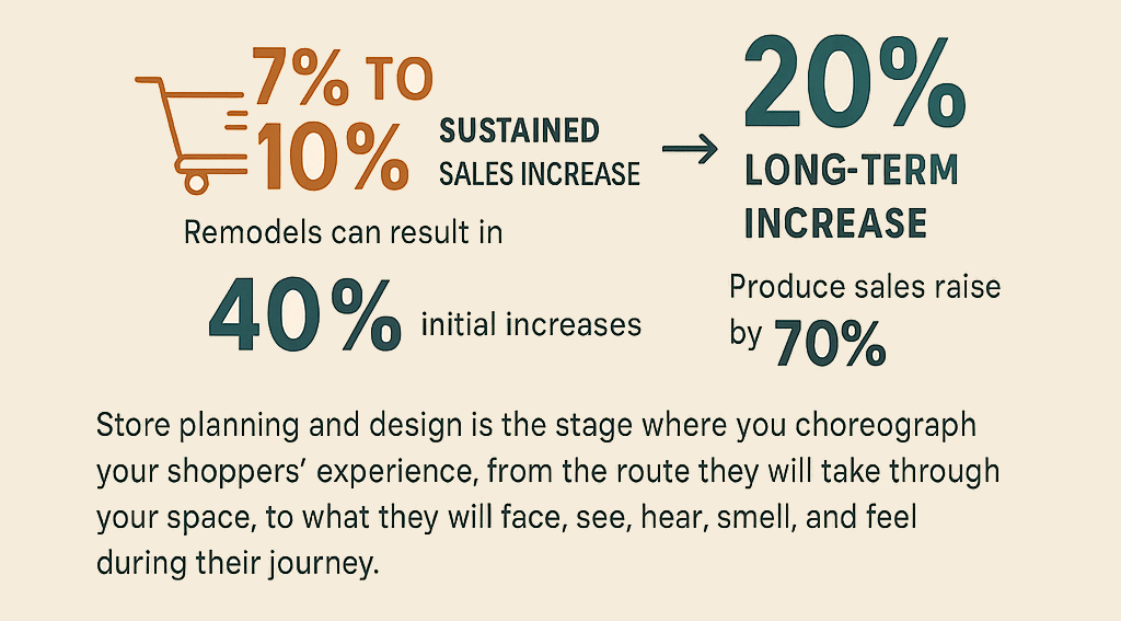 Infographic showing how store design impacts grocery retail ROI through branding, layout, and shopper behavior