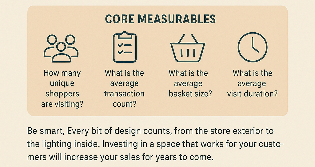 Infographic highlighting core metrics used to measure ROI of brand design and store planning in retail spaces